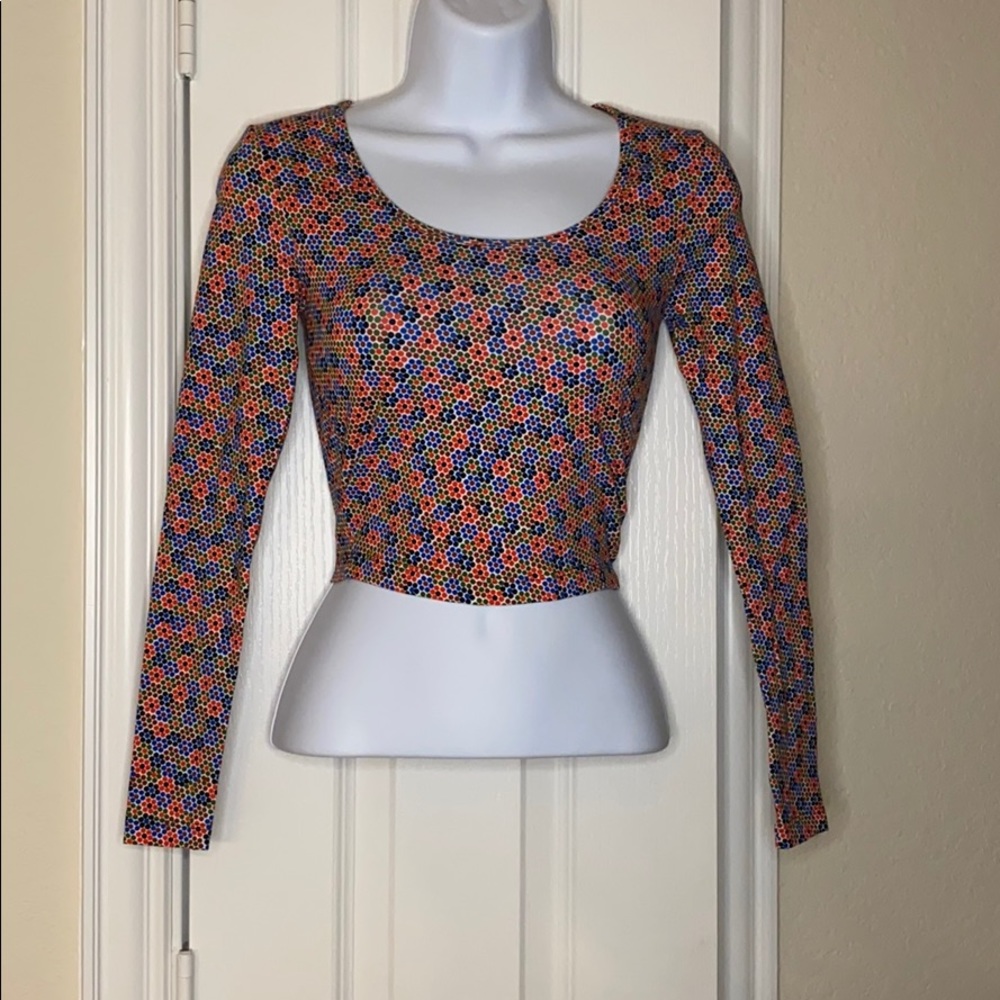 American Apparel long sleeve retro floral mosaic tile dot crop top XS
